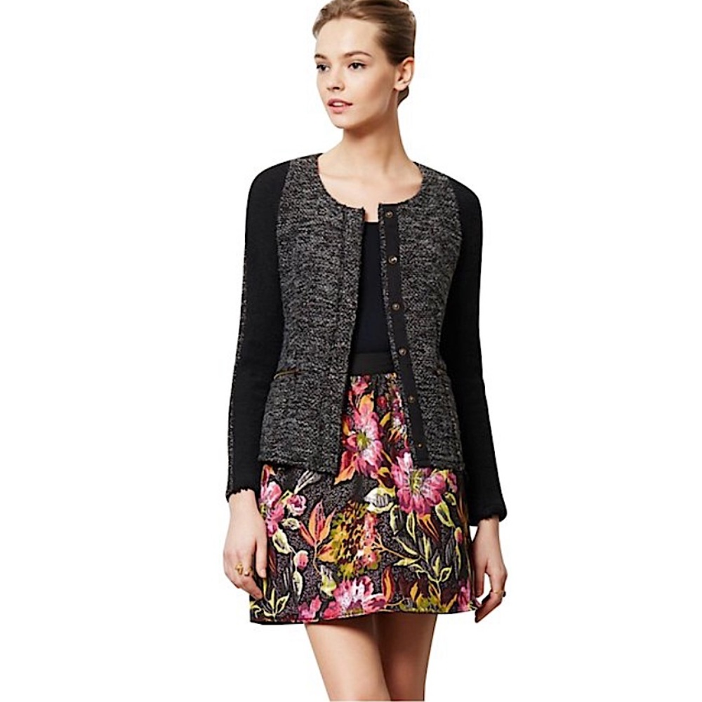 ANTHROPOLOGIE Cartonnier black glimmer tweed wool sweater jacket XS like new - Picture 2 of 7